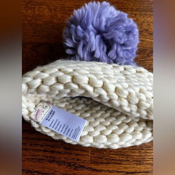 Free People Beanie Hat Cozy Up Color Block Pom Pom Lavender Ivory O/S